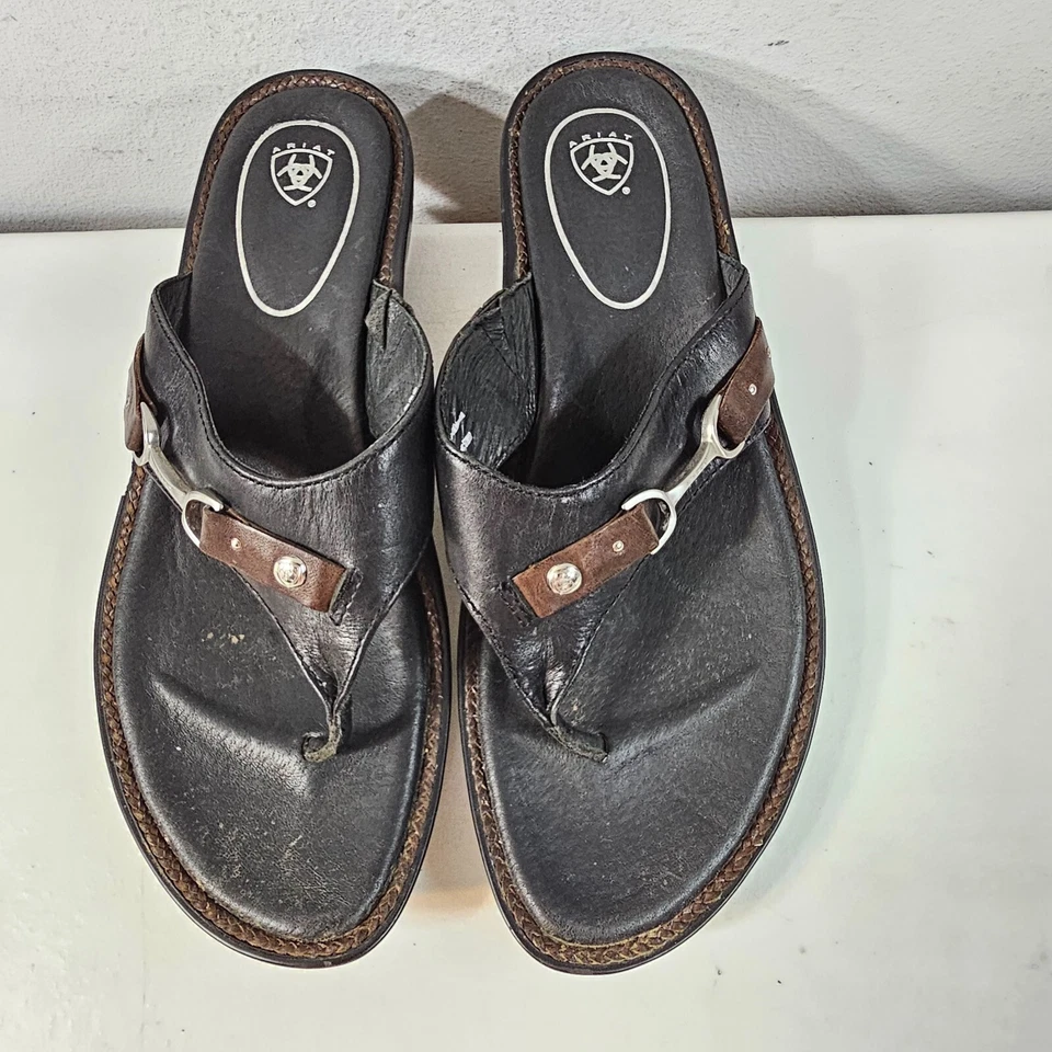 Women's Ariat Thong Sandals Leather Slip On Western Flip Flops Black Size 9 - Image 3 of 4