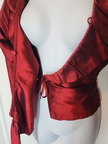 Sunny Leigh 100% Silk Satin Ruffle Wrap Top Burgundy Wine Red Women's 4 SMALL - Picture 11 of 16