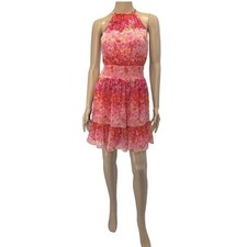 ZARA Boho Pink red floral halter dress lined ruffles women’s size S boho smocked