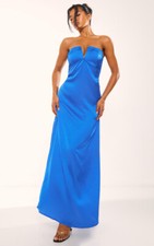 Pretty Little Thing Cobalt Satin V Bar Floaty Bandeau Maxi Dress Size 10 NWT