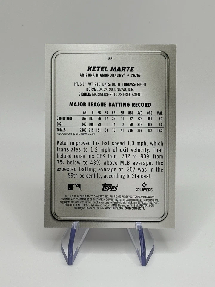 2022 Bowman Platinum Ketel Marte Red #'d 09/10 Arizona Diamondbacks SSP - Image 3 of 3