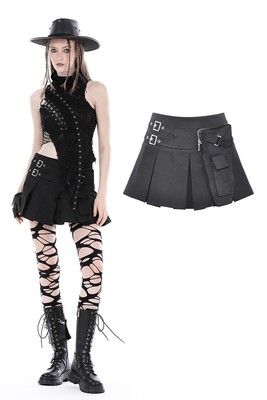 DARK IN LOVE Black Gothic Punk Pleated Mini Skirt With Side Steampunk Party