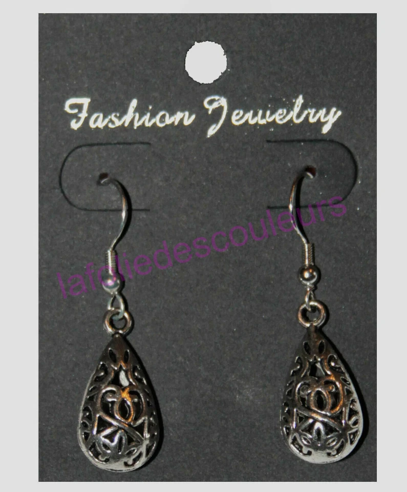 Boucles d'oreilles en forme larmes dormeuses plaqués argent pendentifs en métal - Photo 1/1