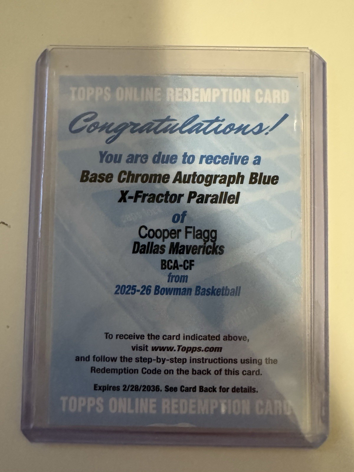2025-26 Topps Bowman Cooper Flagg RC Chrome Redemption Blue X-Fractor Auto /150