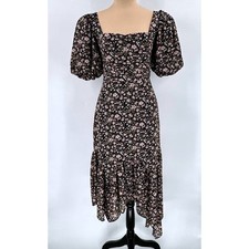 ASTR The Label Black Pink Ditsy Floral Puff Sleeve Asymmetric Midi Dress Small