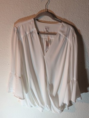 Soho New York & Co. Blouse White Su XXL V Neck Draped Waist Poet Sleeves Classy