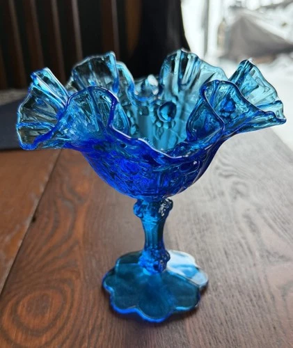 Fenton Colonial Blue Art Glass Candy Dish Compote Cabbage Rose Ruffled Rim 6”