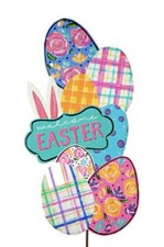 Welcome Easter Plaid Pastel Metal Eggs Stakes With Bunny Ears