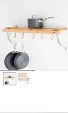 JK Adams Wall Mounted Pot Rack Maple, 1 Shelf, 6 Hooks (Model PRW-01)