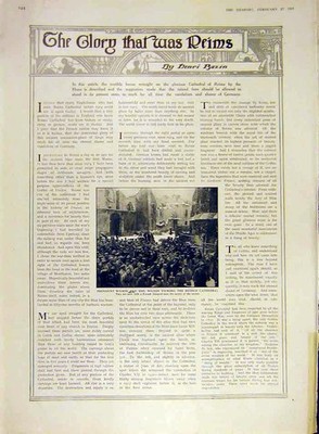 Original alter Vintage Druck President Wilson Cathedral Ruins Reims 1919 20th