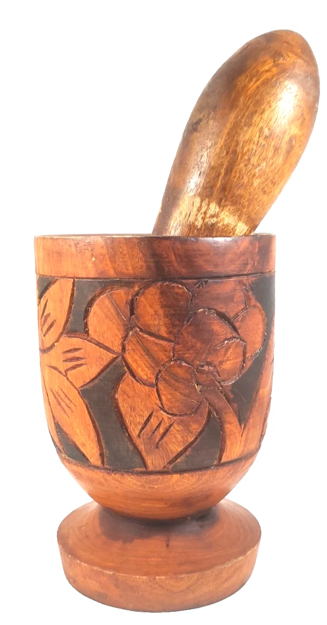 Hand-Carved Flower & Basket Weave Design Wood Footed Mortar & Pestle Set