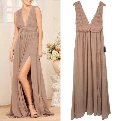Lulus Heavenly Hues Maxi Dress M Taupe Chiffon Side Slit Formal Wedding Prom
