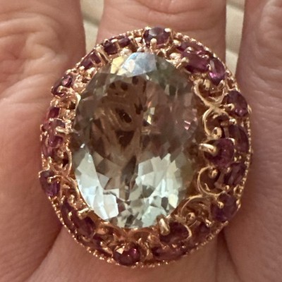 DESIGNER TJC 925 STERLING VERMEIL GOLD RHODOLITE GARNET GREEN BIG AMETHYST RING