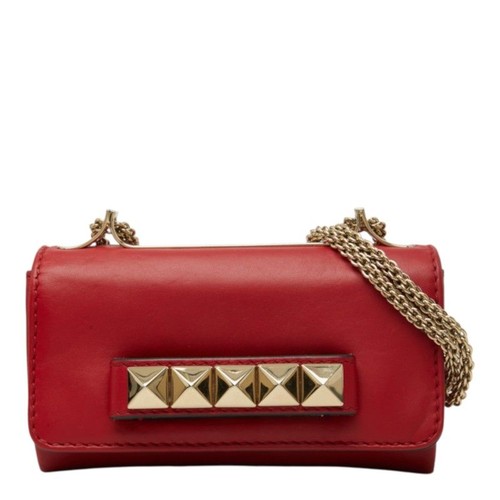 VALENTINO GARAVANI Women Rockstud VaVaVoom Shoulder Bag Red Leather Gold Chain