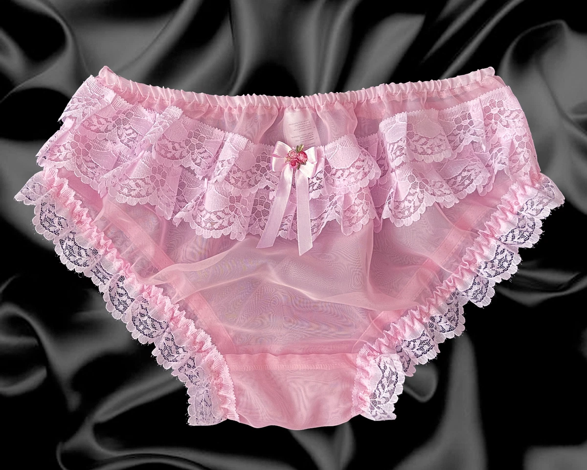 Baby Pink Frilly Sissy Sheer Soft Nylon Satin Bow Panties Knickers