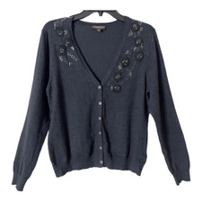 Adrienne Vittadini Silk Blend V-Neck Beaded Button Down Cardigan Sweater