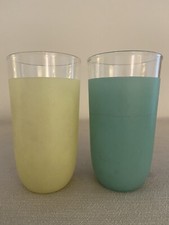 Frosted Base Clear Rim Glasses Barware Round Bottom  4 3/4" Tall Yellow Teal MCM