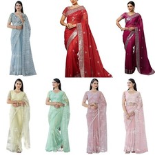 Women's Net Sequence Embroidery Work Saree With Unstitched Blouse Piece