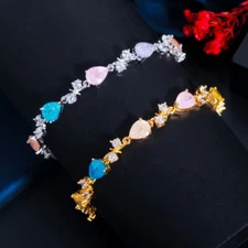 White Gold Plated Multicolor CZ Drop Tennis Bangle Bracelet Women Party Jewelry