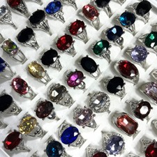 50Pcs Wholesale Lot Colorful Stone Women Style Retro Silver Plated Rings Jewelry