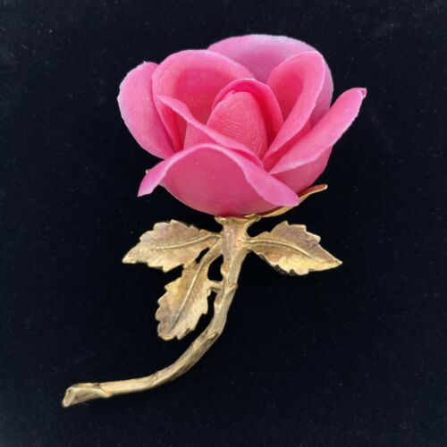 Vintage Gold Tone Pink Rose Brooch Pin Signed Bari - image 1