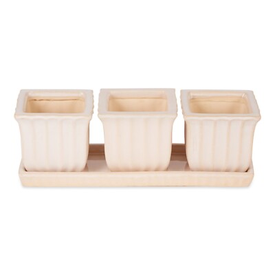 HOME GARDEN DECOR WHITE SQUARE CERAMIC PLANTER SET/3