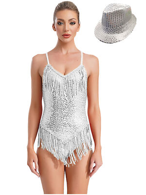 DE iEFiEL Damen Glitzer Pailletten Tanzbody Fransen Latin Rumba Dancewear +Hut