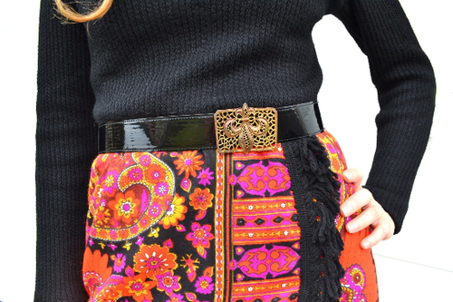 1960s Mod R&K Sweater Dress Psychedelic Orange Black Gold Patent Leather Belt - Picture 2 of 5