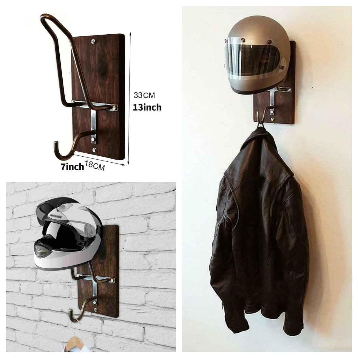 Wood Motorcycle Helmet Holder Jacket Hanger Motorbike Wall Mount