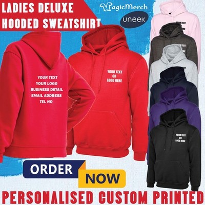 Personalisiertes bedrucktes Damen Deluxe Kapuzenpullover beliebiger Text Logo Party Oberteil Fitnessstudio