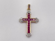 9ct Gold Ruby & Diamond Cross Pendant. Goldmine Jewellers.