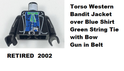 LEGO Minifigure Torso Western Bandit Jacket Over Blue Shirt Bow Tie Gun in Belt
