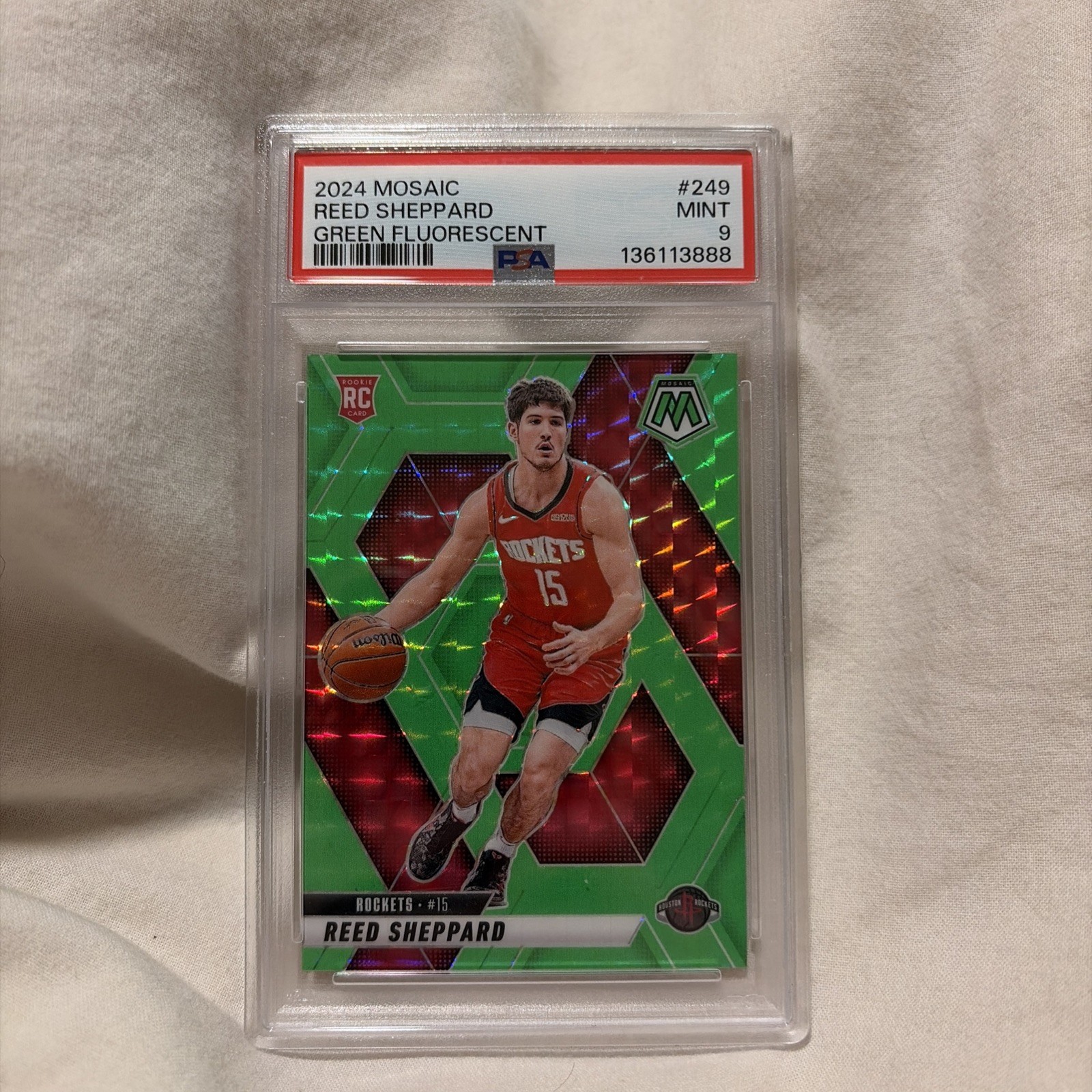 Reed Sheppard 2024-25 Mosaic #4/10 Green Fluorescent Rookie RC #249 Rockets MINT