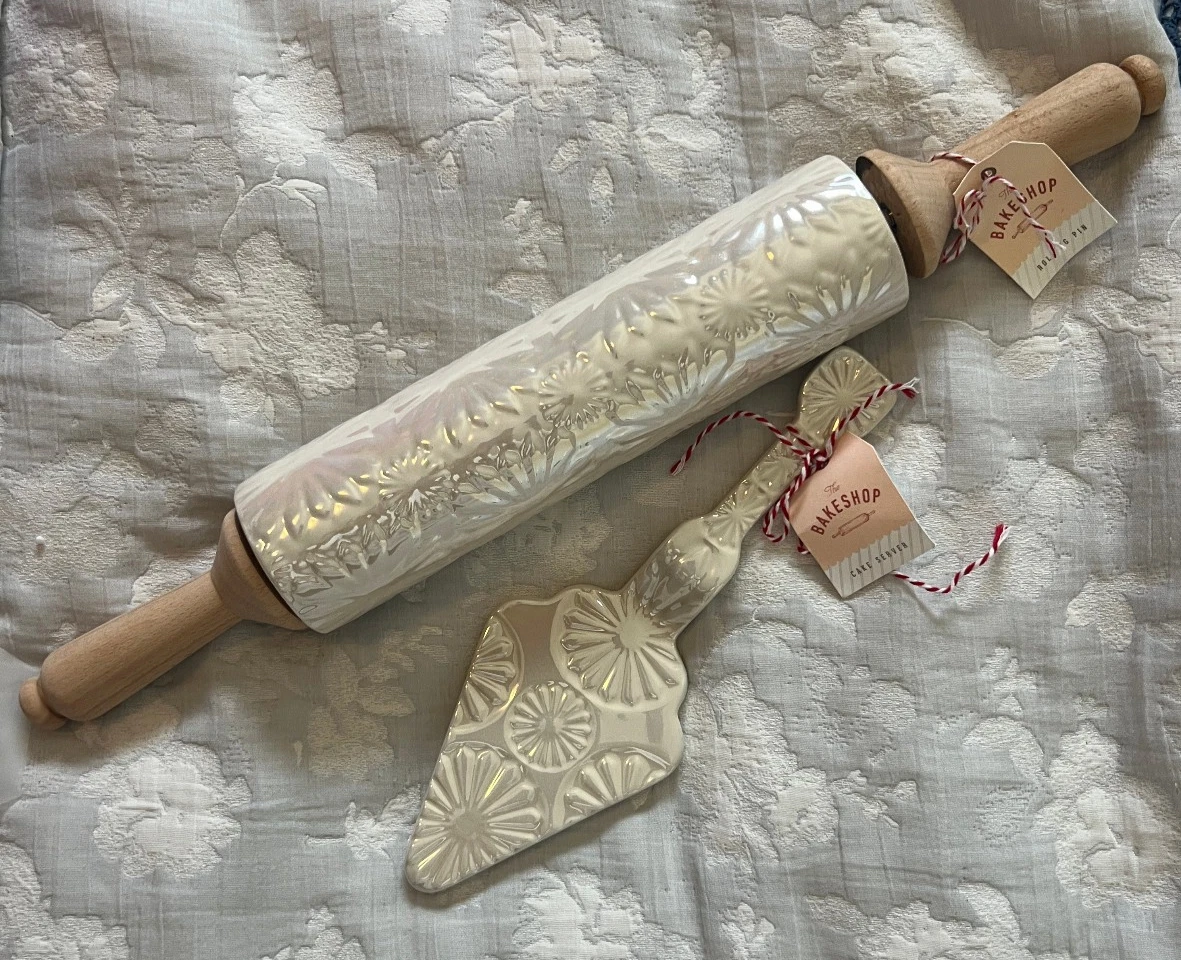 Anthropologie Aurora Rolling Pin and Pie Server Bakeware Ceramic White Floral