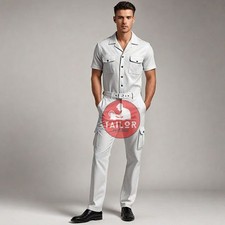 MEN'S REAL GENUINE LEATHER WHITE CATSUIT JUMPSUIT FRONT BUTTON OVERALL BODYSUIT