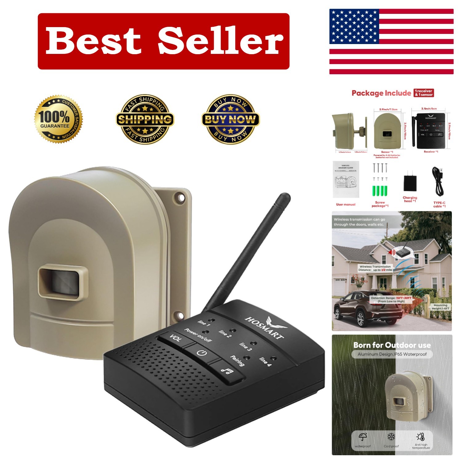 HOSMART 1/2 Mile Wireless Driveway Alarm & Motion Sensor Out