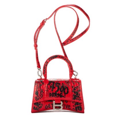 Balenciaga Red XS Hourglass Handbag Graffiti Croc Embossed Leather