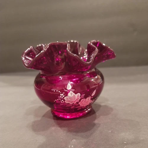 Vintage Fenton Ruby Red Small Ruffled Rose Bowl/Vase Hand Painted & Signed Vase