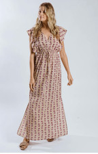 RAGA Anthropologie Tan and Red Dalbir Ruffle Sleeve Dress Size Small