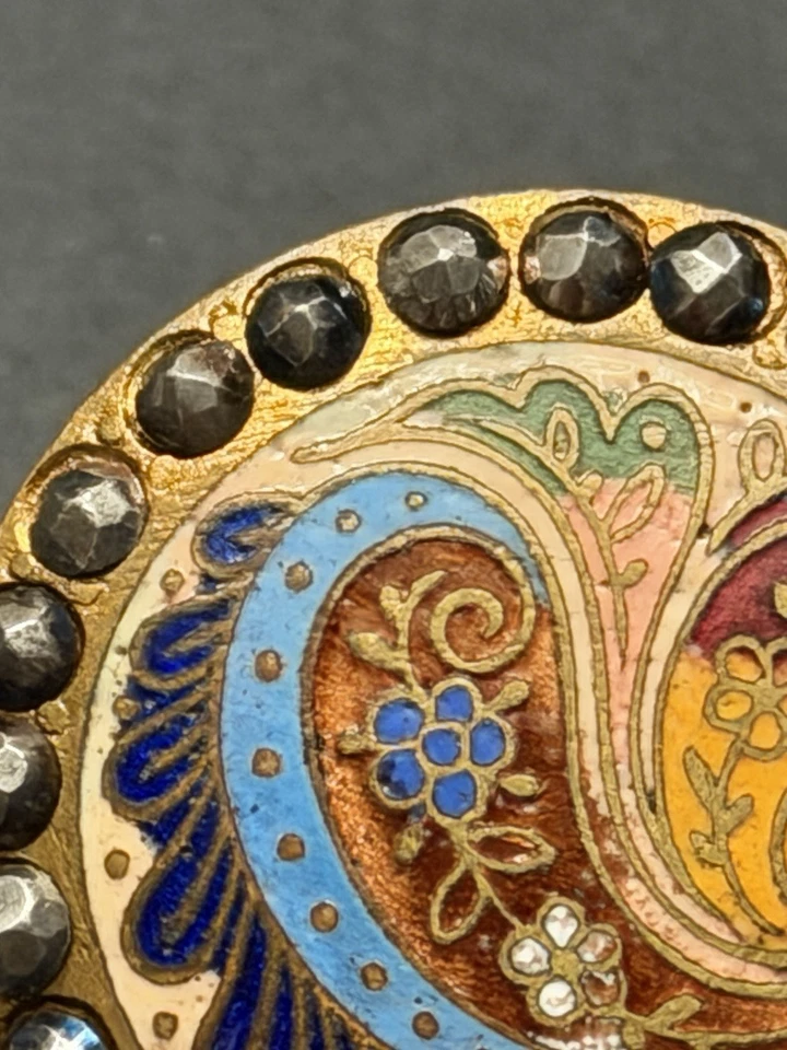 Vintage PAISLEY & FLORAL Enamel Button w/Cut Steels - 1-1/8" (Y7) - Image 3 of 4