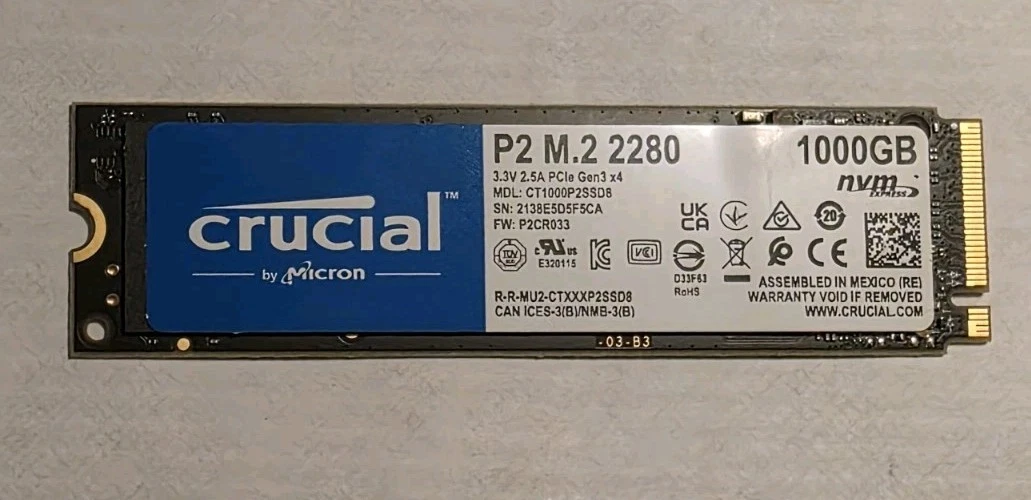 【中古美品】M.2 SSD 2280 1TB 1000GB Crucial Crucial 1TB P1 NVMe M.2 2280 Internal SSD CT1000P1SSD8 B&H Photo