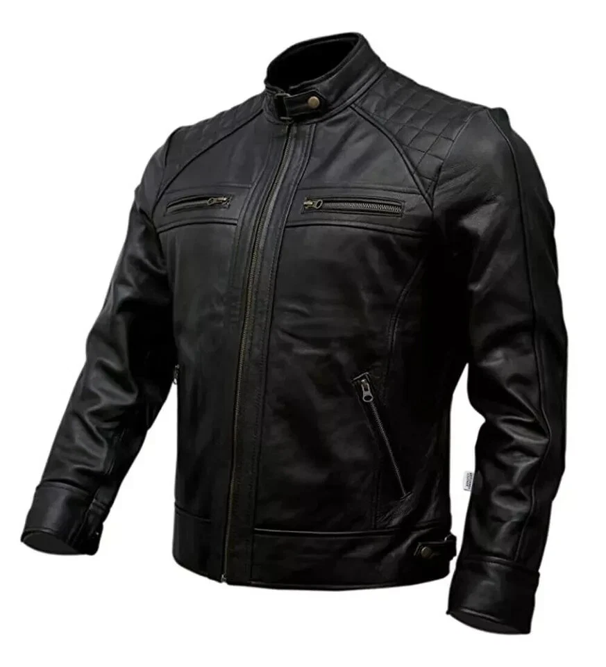 Men's Black Cafe Racer Biker Leather Jacket Motorcycle Genuine Leather Coat