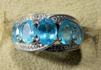MADAGASCAR PARAIBA APATITE - 5-STONE BAND-OVERLAP HALO-RING SZ 6-PLAT/STER SILV