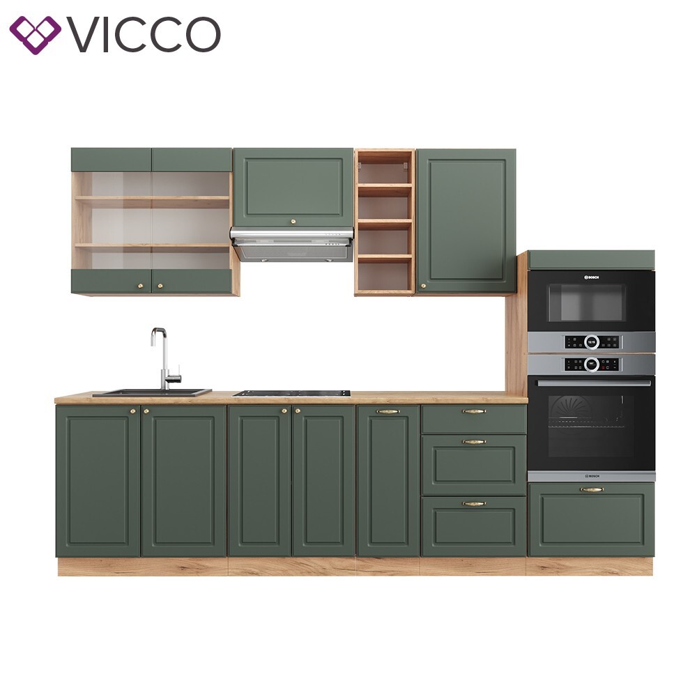 Vicco Fame-Line Küchenzeile Grün-Gold Landhaus/Weiß 235 cm ohne Arbeitsplatte oh