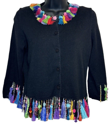 Michael Simon New York Womens Black Fringe Beaded Button Cardigan Sweater Size S