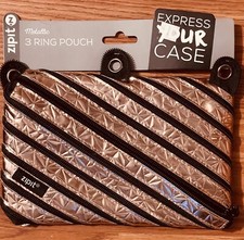 ZipIt Metallic Rose Gold 3-Ring Pencil Pouch Zipper Closure NEW