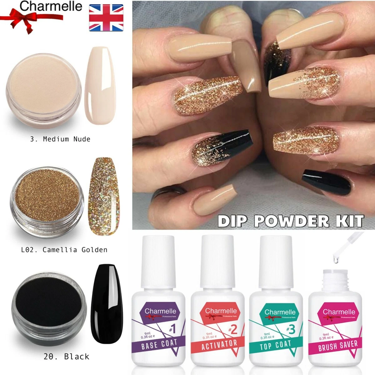 Nail Dipping Powder Set Holographic Gold Black Nude 7 piece Dip