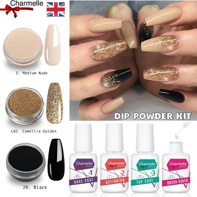 Nail Dipping Powder Set Holographic Gold Black Nude 7 piece Dip Starter Kit 9ml