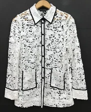 Ming Wang White Floral Lace Jacket Black-Trim Long Sleeve Snap-Front Size S