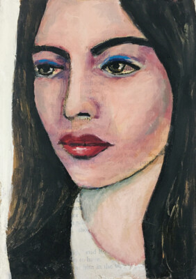 Oil Portrait Painting Original 5x7 Mixed Media Collage Art Woman Miz Katie